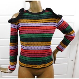 Uterque Knit Striped Open Shoulder Multicolor Sweater Round Neck sz S
